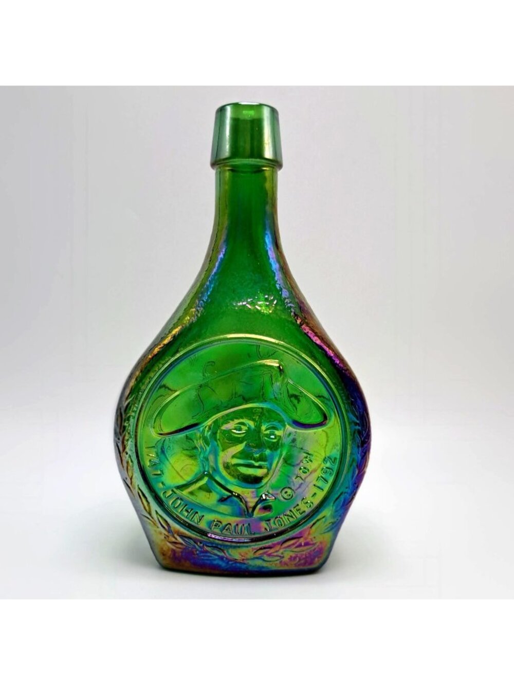 Wheaton Green Glass Bottle With Raised Ship & John Paul Jones Design Vintage